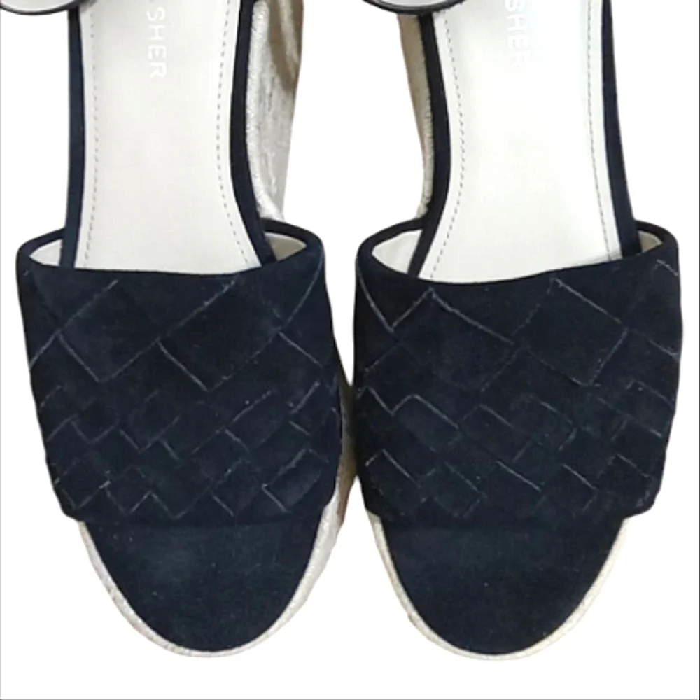 Marc Fisher Varin Espadrille Wedge Sandals Black Suede Open Toe Platforms Sz 8.5